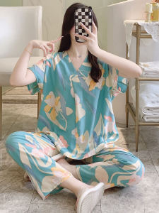 ชุดนอนผ้าไหมคอตตอนแขนสั้นบางหลวมๆ สำหรับผู้หญิง ชุดนอนสบายๆ ฤดูร้อน เสื้อผ้าสำหรับใส่อยู่บ้าน แขนสั้น คอวี พิมพ์ลายดอกไม้