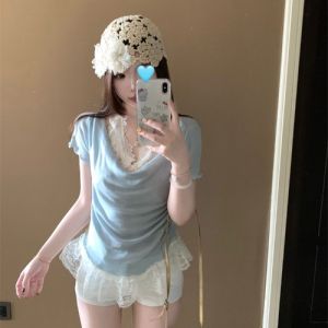 GUZILIAN | Summer New Style Womens Lace Splice Knitted Short Sleeve T-shirt Slim Fit Unique Beautiful Top Casual Style Polyester Fiber