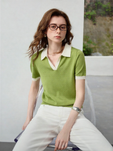 Toyouth | Green Lyocell Thin Summer Short Sleeve Polo Neck Smart Knitted Sweater