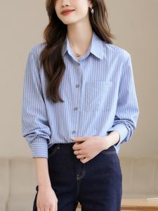 Blue Striped Shirt Womens Professional Commute Layering Long Sleeve Design Sense Niche Top Spring 2025 Casual Loose Fit