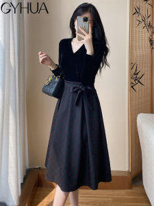 French Vintage A-Line Dress Womens Elegant Slimming Waist Design Autumn Fashion Black Dress Polyester Fiber Long Sleeve Midi Dress