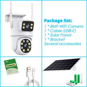 Tuya Smart Solar Camera WIFI Dual Lens 8MP Wireless Outdoor Video Surveillance Battery Camera PTZ CCTV Two Screens PIR Detection