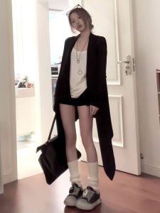 BINKAFENNY | เสื้อคาร์ดิแกนถักไหมน้ำแข็งสีดำยาวปานกลางสำหรับผู้หญิงในช่วงฤดูร้อน เสื้อคลุมกันหนาวแบบบาง เสื้อคลุมกันหนาวแบบสวมหัว ทรงสลิมฟิต