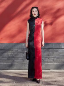 Top Ulara Retro Chinese Style Cheongsam Full Open New Color Block Acetate Satin Qipao Traditional Method Vintage Fashion