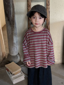Loose Long Sleeve round Neck Red Stripe T-Shirt for Boys Autumn Wear Comfortable Cotton Polyester Blend Base Layer Top