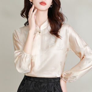 เสื้อเชิ้ตคอตั้งสไตล์จีนใหม่สำหรับผู้หญิง ทรงหลวม แขนยาว ผ้าฝ้ายผสมโพลีเอสเตอร์ ทรงปกติ ฤดูใบไม้ผลิ 2024