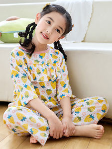 Girl Poplin Pajamas Suit Summer Thin Boys and Girls Air Conditioning Clothes Children and Teens Short Sleeve Pants Homewear