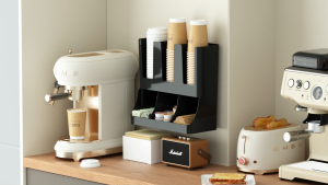 2 Tier Premium Coffee Bar Organizer - Wall Mounted Cup Dispenser & Lid Holder for Aesthetic Home Coffee Station