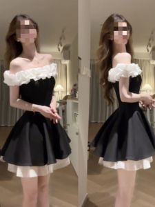 CHANGTONG | Korean Gentle Style Off-Shoulder Waist-Tied Flared Dress