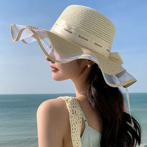 Summer Beach Straw Hat Womens Large Brim Woven Hat Lace Butterfly Knot Sunshade Protection Hat Sweet Cute Style round Top