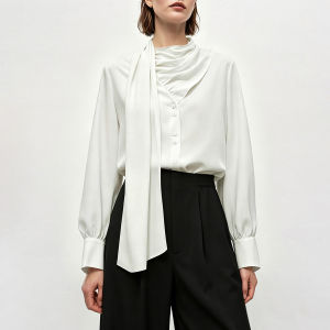 AMII | Elegant Commuter Style V-neck Bow Shell Button Chiffon Shirt