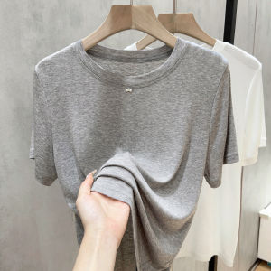 เสื้อยืดคอตุ้มแขนสั้นทรงสลิมฟิตสำหรับผู้หญิงในช่วงฤดูร้อน ทรงหลวม ทรงลำลอง สีเทา เสื้อแขนสั้นทรงเข้ารูป เส้นใยไลโอเซลล์