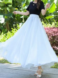 720 Degree Rotating Chiffon Skirt Womens Spring Summer Autumn Red Beach Performance High Waist A-Line Skirt Breathable
