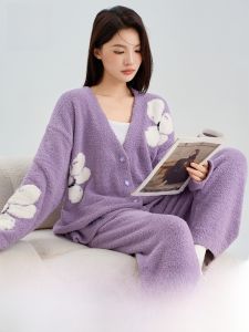 MiiOW | Bộ đồ ngủ lông cừu nửa bên ngoài cho nữ mùa thu đông 2025 Bộ đồ mặc nhà ấm áp có thể mặc ngoài trời Bộ đồ ngủ thoải mái