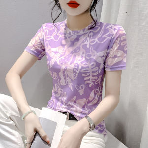 REHIN New Summer Fashion Mesh Printed Short Sleeve T-shirt Round Neck Slim-Fit Chic Elegant Womens Top