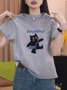 เสื้อยืดคอกลมแขนสั้นผ้าคอตตอนสีเทาแฟชั่นฤดูร้อนสำหรับผู้หญิง เสื้อตัวบนทรงเข้ารูป เสื้อตัวบนสไตล์เกาหลี