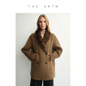 Double-breasted Detachable Fur Collar With Belt Womens Wool Short Coat