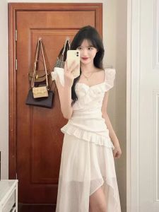 Elegant White Pleated Manga Fairy Dress for Women with Square Collar and Short Sleeves Summer Style Irregular Design