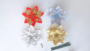 12pcs Poinsettia Glitter Artifical Christmas Flowers With Sticks For Decor Fake Flowers Xmas