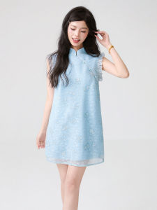KEIKO | Gentle Embossed Floral Cheongsam Dress Summer Intellectual Sweet Style Sleeveless Short Dress