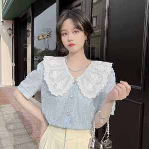 Sweet Doll Collar Hollow out Short Sleeve Womens Shirt Summer New Gentle Style Fashion Anti Aging Unique Top Korean Loose Fit