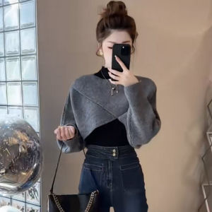 Cross Design Long Sleeve Crew Neck Sweater Womens Fashion Versatile Lazy Style Autumn New Arrival Knitwear for Ladies