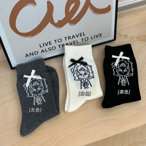 สีเทา ถุงเท้าถึงกลางน่อง ผ้าฝ้าย ถุงเท้าพร้อม น่ารัก โบว์ สําหรับเด็กผู้หญิง การ์ตูน พิมพ์ที่สมบูรณ์แบบสําหรับ ฤดูใบไม้ผลิ ฤดูใบไม้ร่วง เพื่อจับคู่รองเท้า Dequ สไตล์เกาหลี