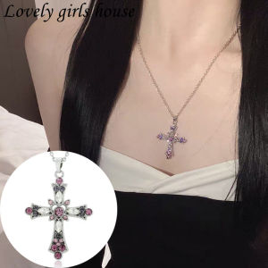 【♡Lovely girls house♡】Creative Gothic Crystal Heart Cross Pendant Necklace for Men Women Vintage Punk Purple Zircon Necklaces Popular Party Jewelry