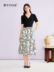 YINER | Elegant V-neck Spliced Print Waist-cinching Silk-blend Dress