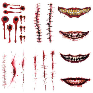 8Pcs Halloween Horror Temporary Tattoo Stickers Scar Fang Long-lasting and Waterproof Halloween Role-playing For Mouth Arm.