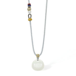 ZHOU LIU FU 周六福 Hetian Jade Pendant Necklace Natural White Jade "福" Lucky Pendant Adjustable Grey Braided Necklace for Women Men 65-75cm Y0413954