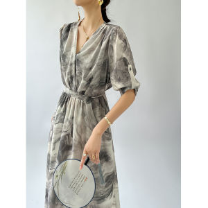 Elegant V-neck Acetate Dress Womens Summer New Waist-cinching Slim Long Vintage Printed High-waist A-line Skirt Dress