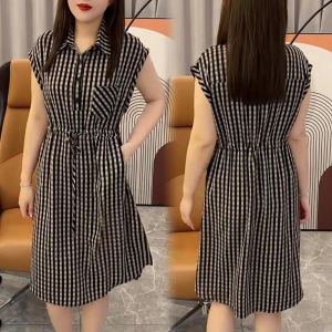 Summer 2025 Fashionable POLO Collar Belted Dress Womens Waist-Cinching Slimming Midi Floral Print Skirt High Waist A-Line Dress