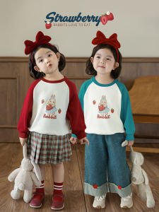 Sweet Cute Strawberry Print Sweatshirt for Girls Spring Autumn Casual Ribbed Shoulder Color Block Top Cotton Blend Fabric