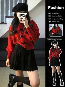 PEIZIXUAN | New Autumn Elegance Womens Knit Sweater Red Short Style
