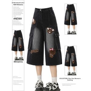 QIANCHANGNAAI | Black Cartoon Embroidered Summer Loose Slim Fit Denim Shorts