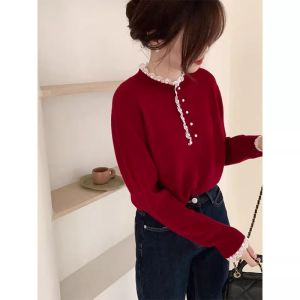 Design Lace Trimmed Long Sleeve Knitted Sweater