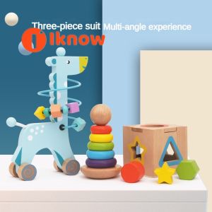 I know New Wooden Early Education Three-Piece Set - Shape Matching Intelligence Box Rainbow Stacking Tower and Giraffe Bead Rolling Cart Toy