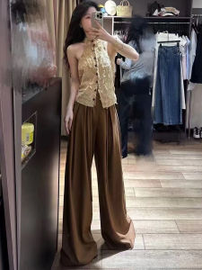 High Waist Korean Style Pear Shape Loose Wide Leg Pants Belted Autumn Winter Suit Pants Womens Draped Straight Floor-Length Skirt