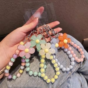 INS Candy Color Car keychain Mobile Phone Lanyard Wrist Strap for Women Girls Korean Beaded Flower Bracelet Anti-lost Case Bags Keys Pendant