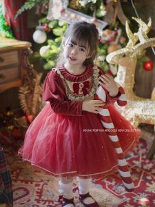 ชุดเดรสทรงพองสีแดงสำหรับเด็กผู้หญิงในฤดูใบไม้ร่วงและฤดูหนาว ชุดเดรสเจ้าหญิงประดับเลื่อมสำหรับงานฉลองปีใหม่และวันคริสต์มาส