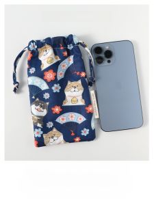 Thickened Upgrade Version 6.7 Inch Large Screen Phone Bag Womens Drawstring Cord Storage Cotton Bag Fresh Floral Print