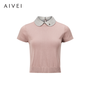 AIVEI | Youthful Preppy Color-blocked Peter Pan Collar Short Sleeve Knit Top