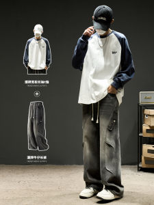 เสื้อฮู้ดคอตตอนหนาสำหรับผู้ชาย ทรงหลวม คอกลม แขนยาว ปักตัวอักษร สไตล์ฤดูใบไม้ร่วง/ฤดูหนาว เสื้อสเวตเตอร์สไตล์อเมริกันแท้