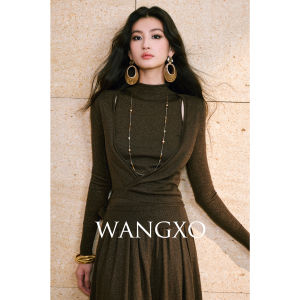 WANGXO | Áo Sweater Lông Cừu Lụa Bóng Giả Hai Mảnh & Chân Váy Xòe