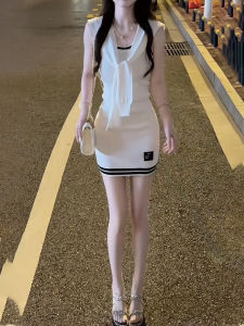 Korean Style Knitted Short Dress Womens Fashion Summer Outfit V-Neck Sleeveless Bodycon Skirt And Top Set Color Block
