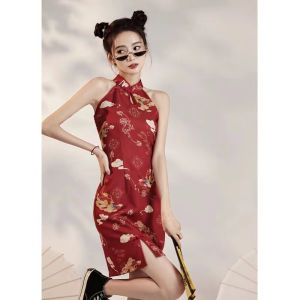 Red Young Style Sleeveless Cheongsam Neck Hanging Chinese Style Morning Robe Short Length Simple Design Daily Wear Polyester Fiber