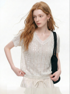 Lace Hollow Slim Fit V-Neck Sparkle Gentle Style T-Shirt