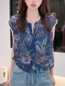 Floral Lace Trim Shirt Womens Summer 2025 Tie Waist Slimming round Neck Top Casual Loose Fit Short Sleeve Button down
