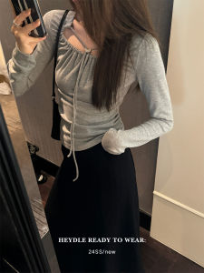 Gray Sweet And Spicy Long Sleeve T-Shirt with Belt Design for Women Comfortable Fit Spring Fashion Casual U-Neckline Tee